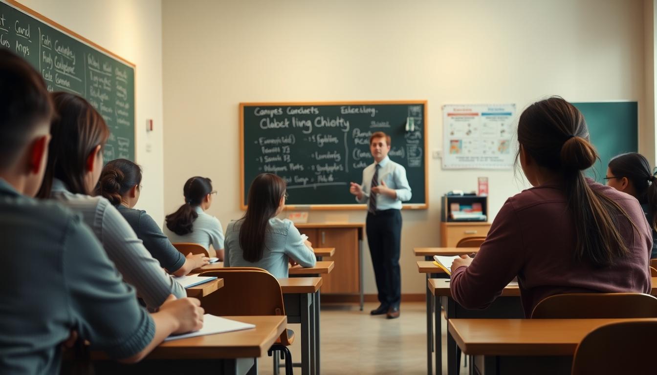 Students studying together in modern classroom